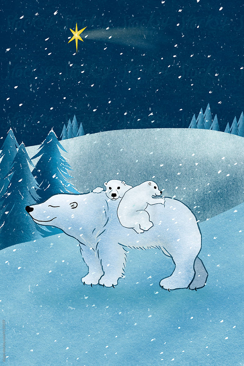 Winter polar bear and cubs