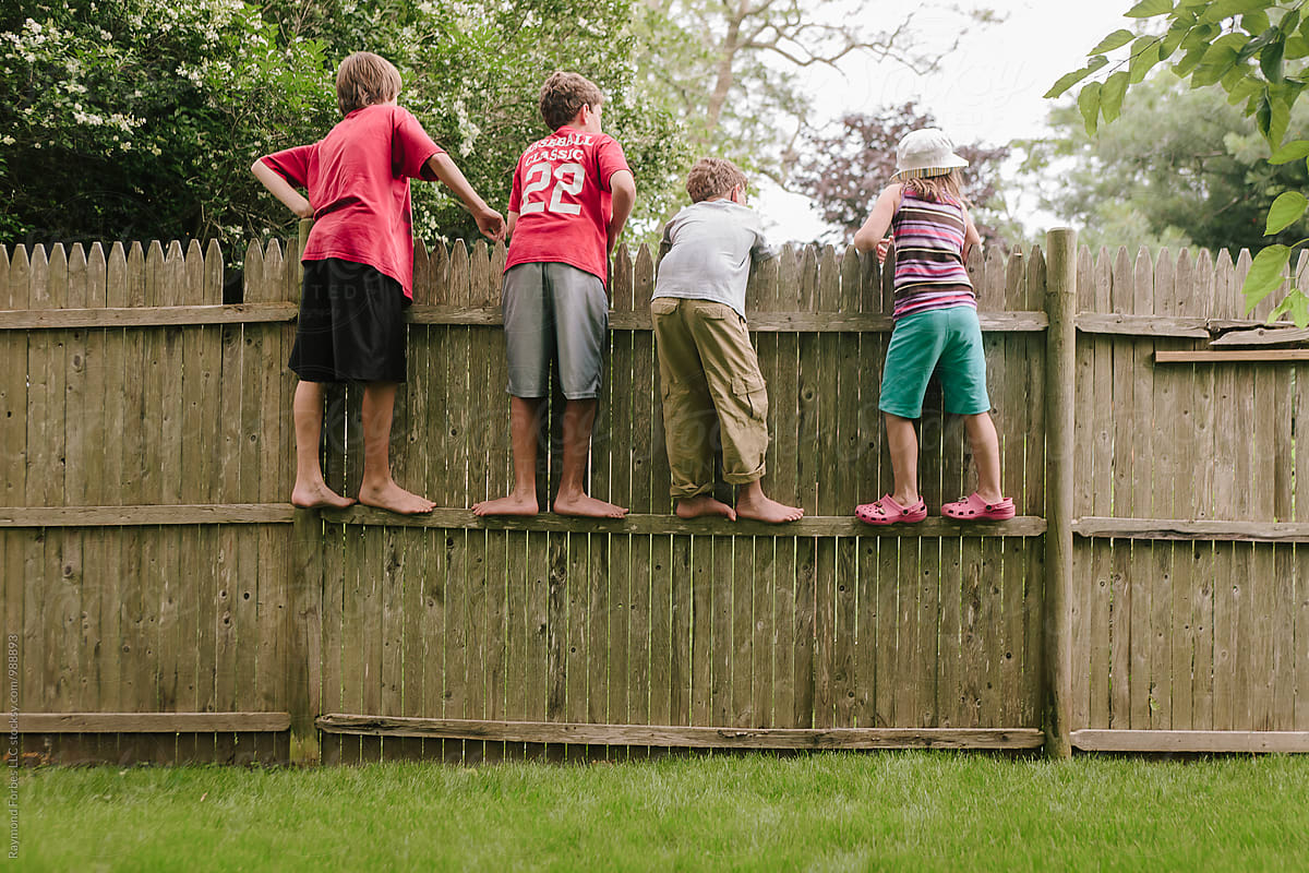 Children Climbing Fence in Backyard