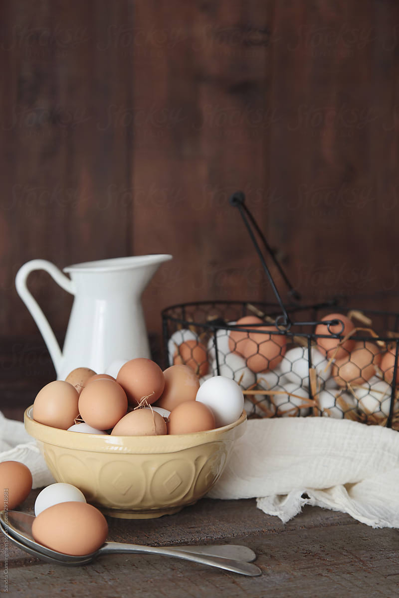 Fresh country eggs on kitchen table