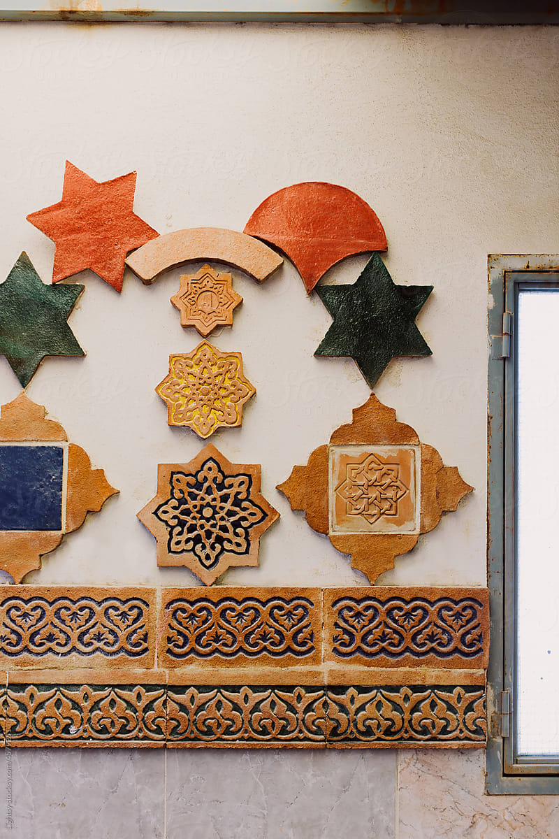 Exhibition of finished clay tiles with glazed