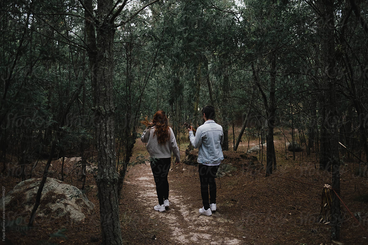 Romantic couple in love walking in the forest
