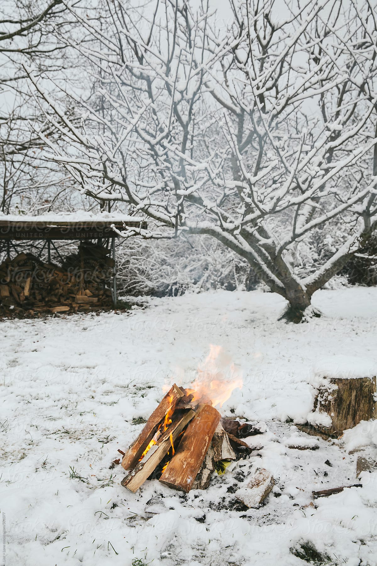 Small bonfire burning in a winter landscape with snow