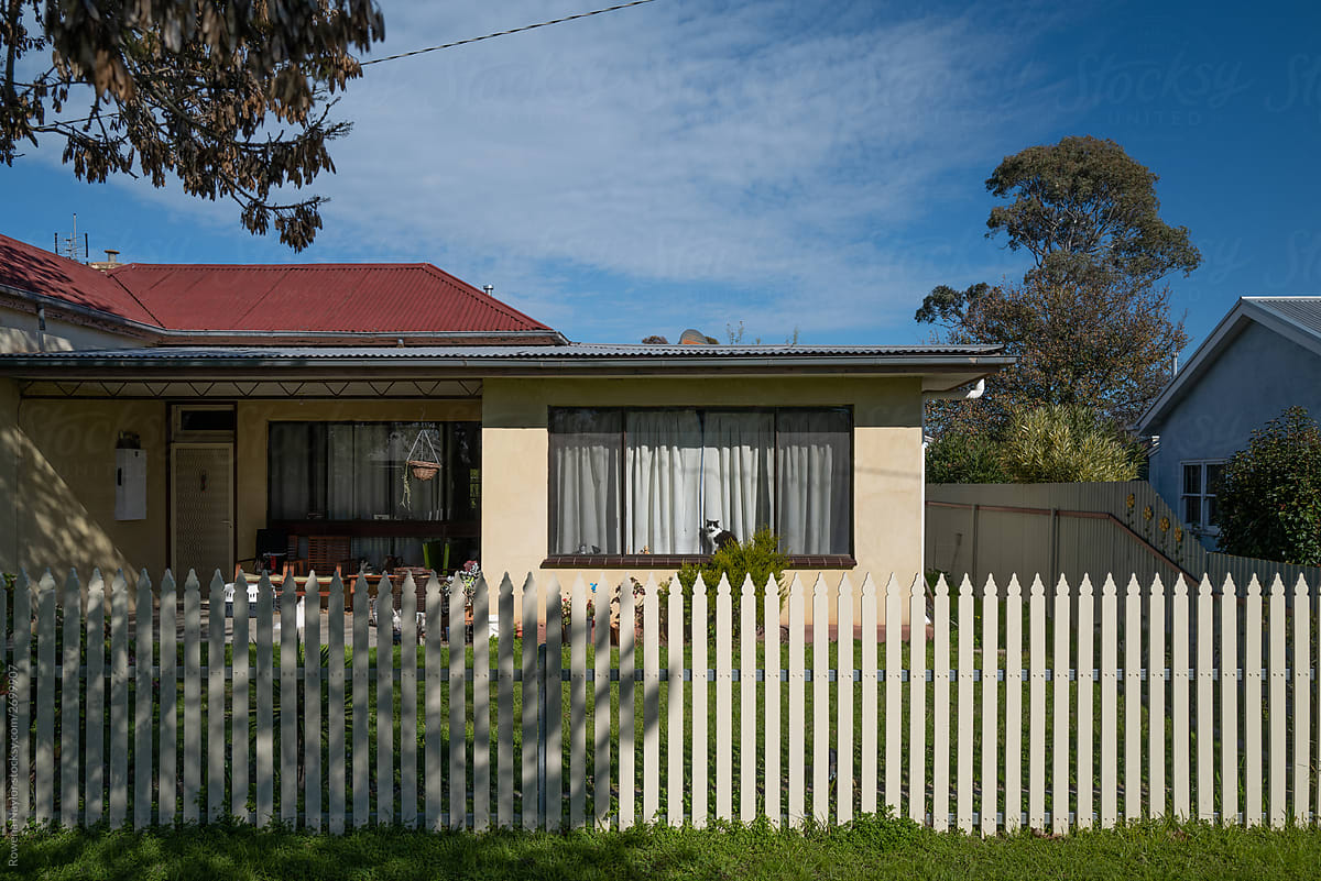 Basic country home in Australian town with cat in window
