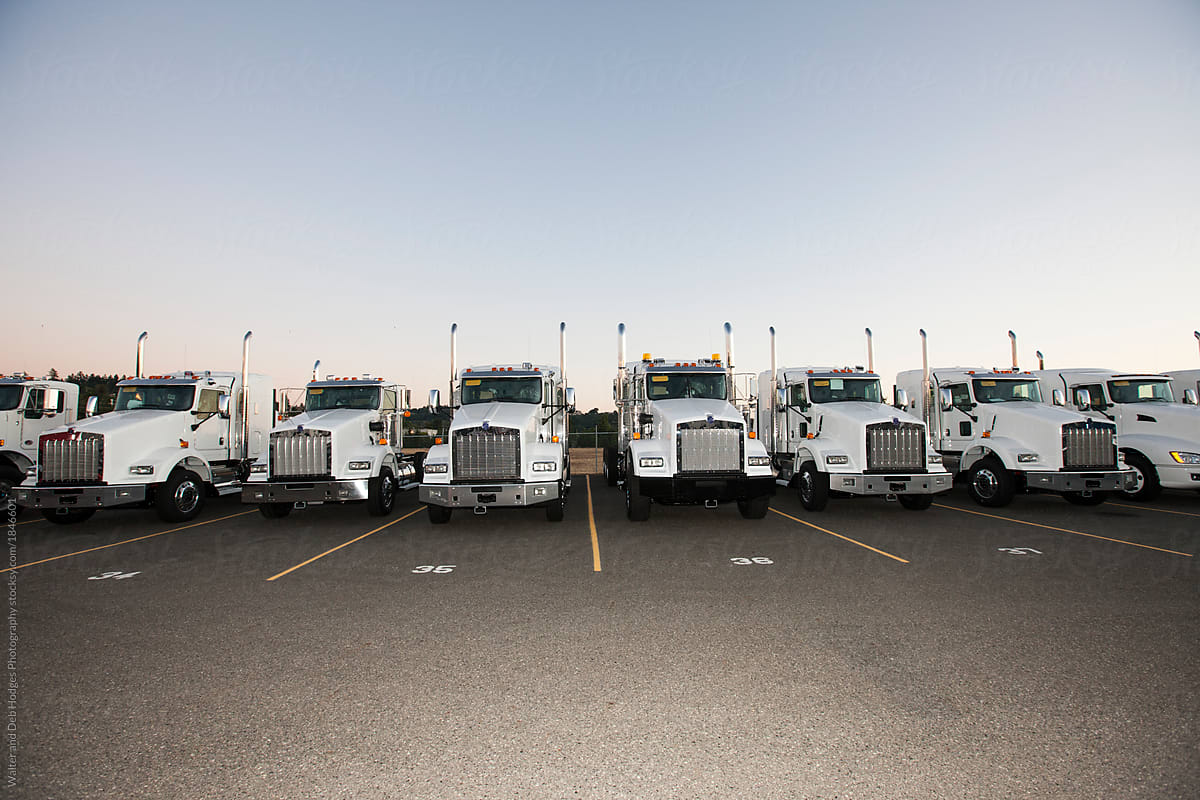 Truck fleet in parking lot.