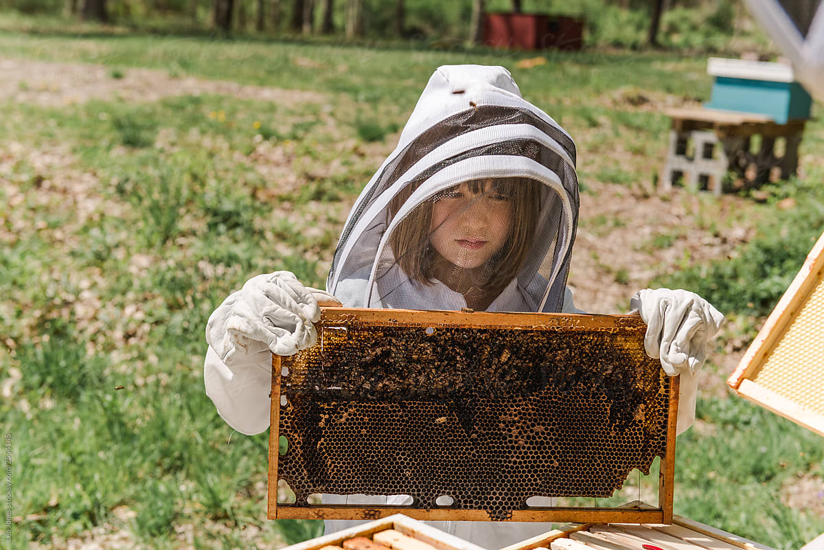 little girl in apiarist suit holding part of a beehive