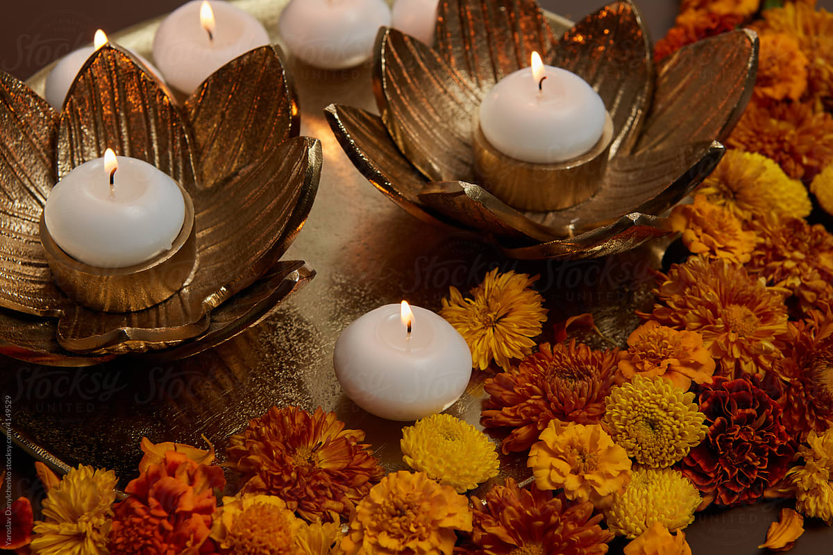 Closeup of candles in decorative bowls