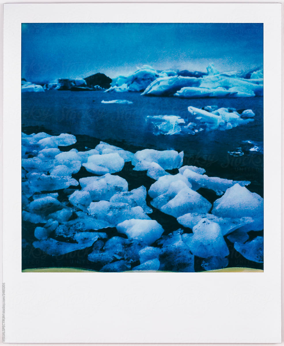 Blue Vintage Polaroid of Iceberg Formations in Iceland