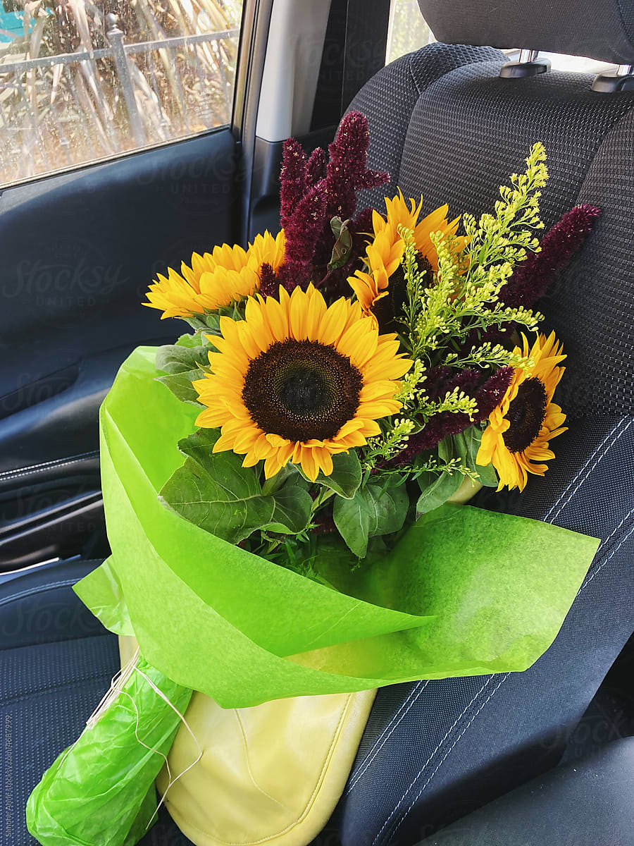Large bouquet of sunflowers in front seat