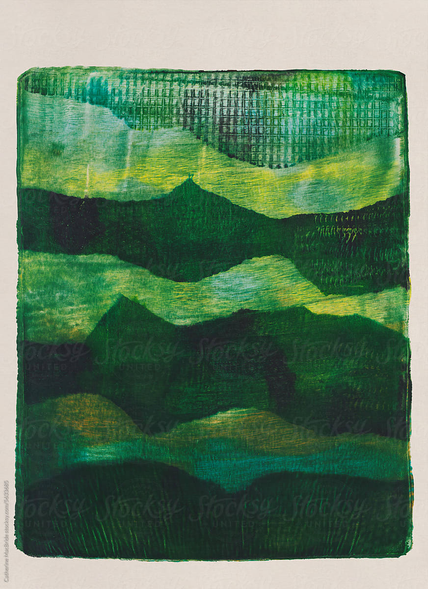 Landscape inspired acrylic mono-print in shades of green