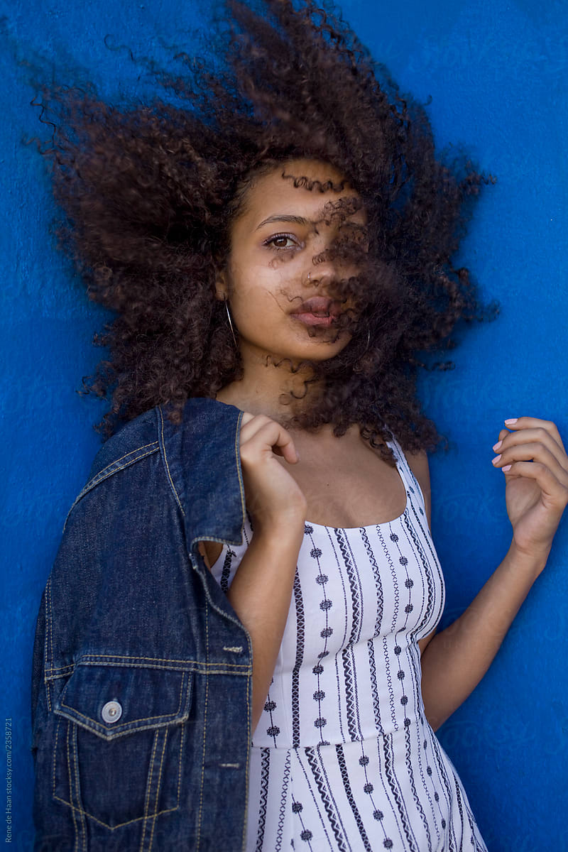 windy portrait of young black woman