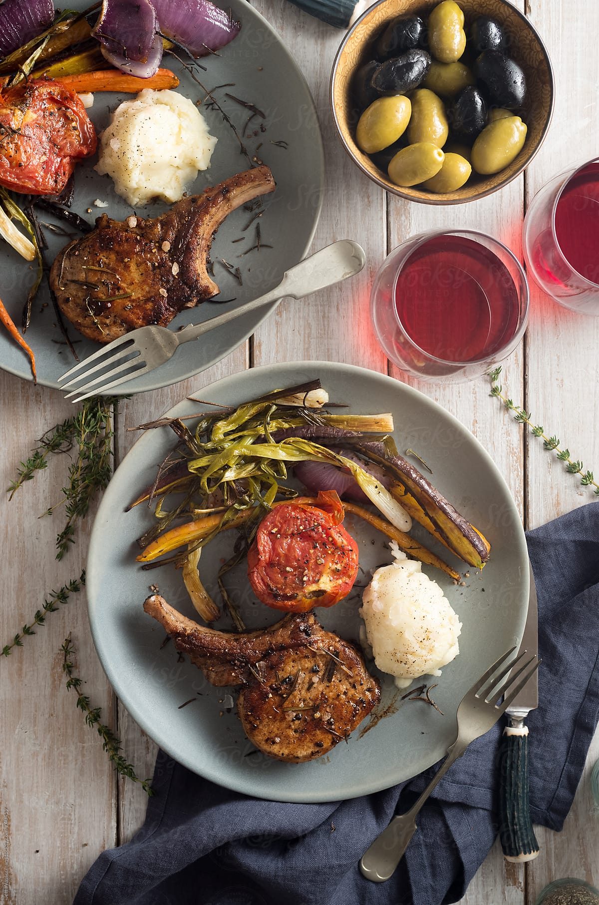 Pork Chops Roasted Vegetables and Potato From Above