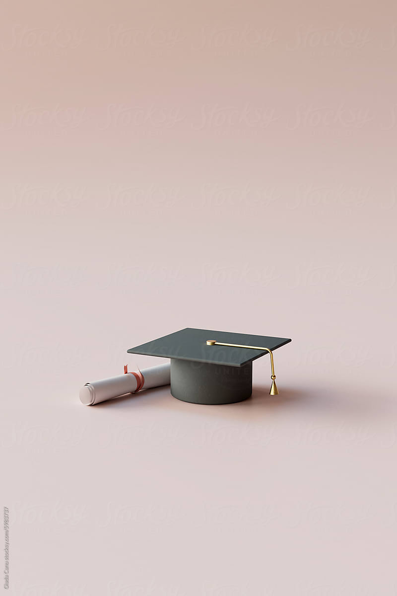 Graduation Cap with Diploma on Pink Background