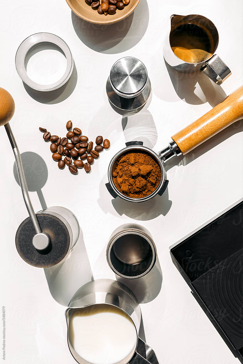 coffee-making tools and ingredients on a white table. Before/After