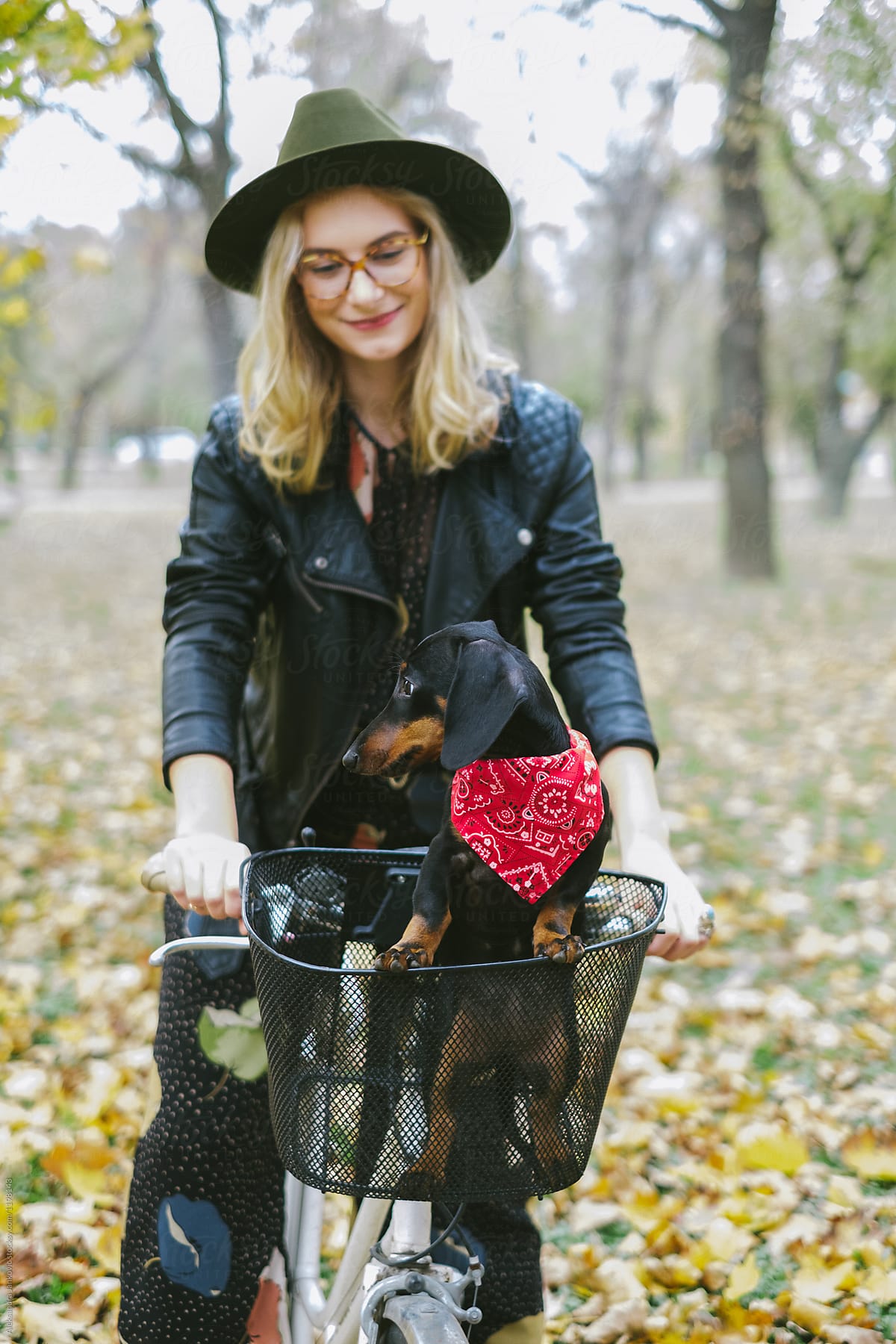 Young Woman Riding Bicycle With Dachshund Puppy In The Basket by Stocksy  Contributor Aleksandra Jankovic - Stocksy