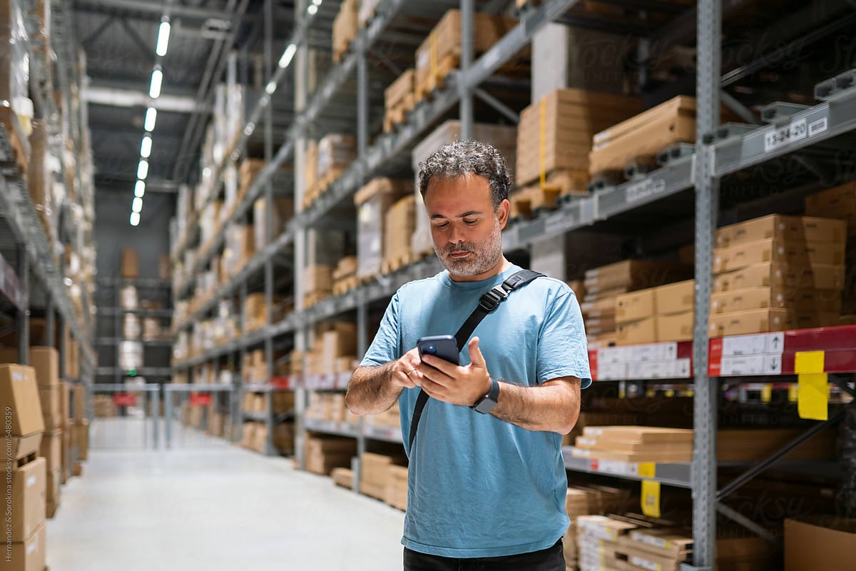 Man Using Cellphone In Warehouse