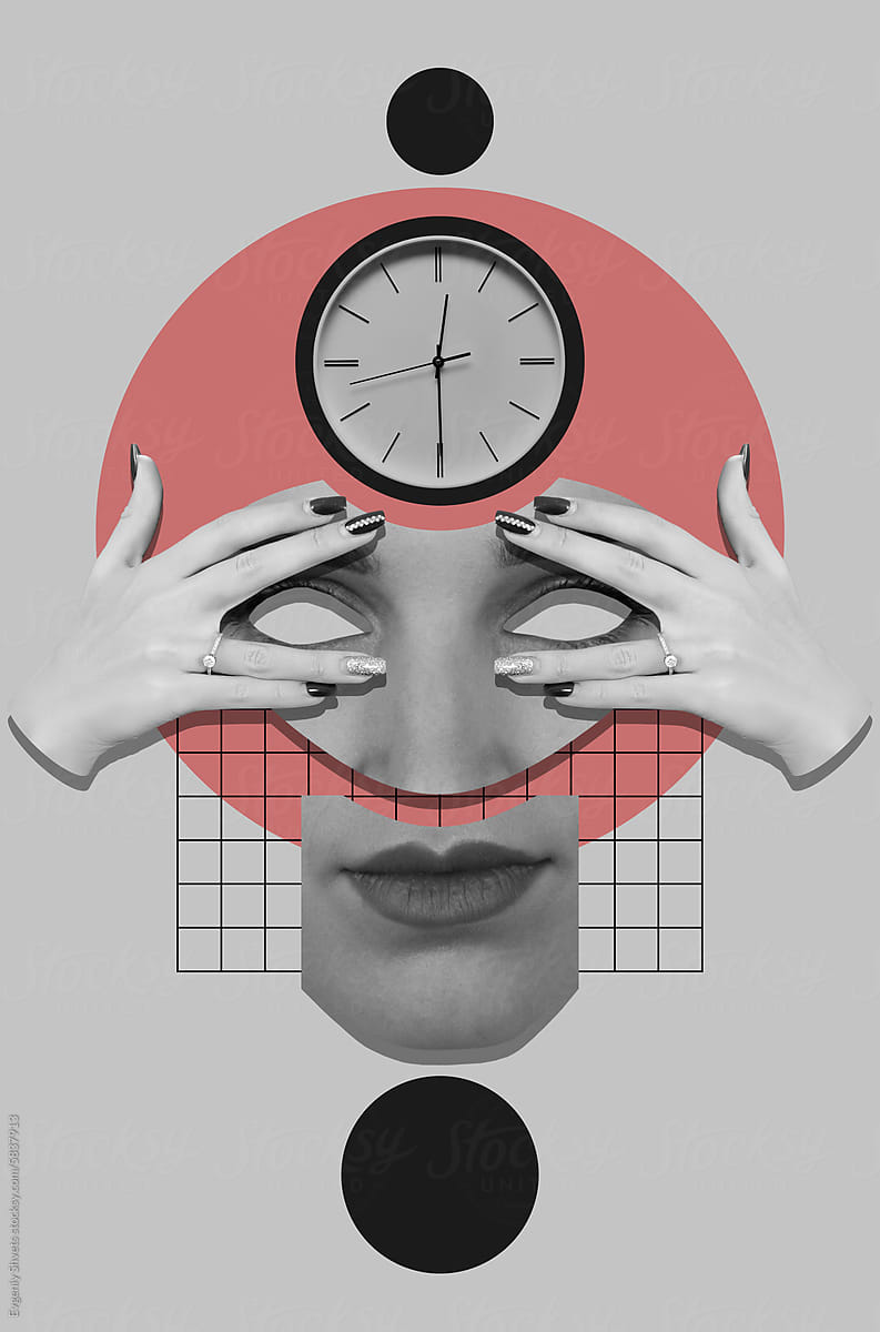 Collage with parts of a woman\'s face and hands