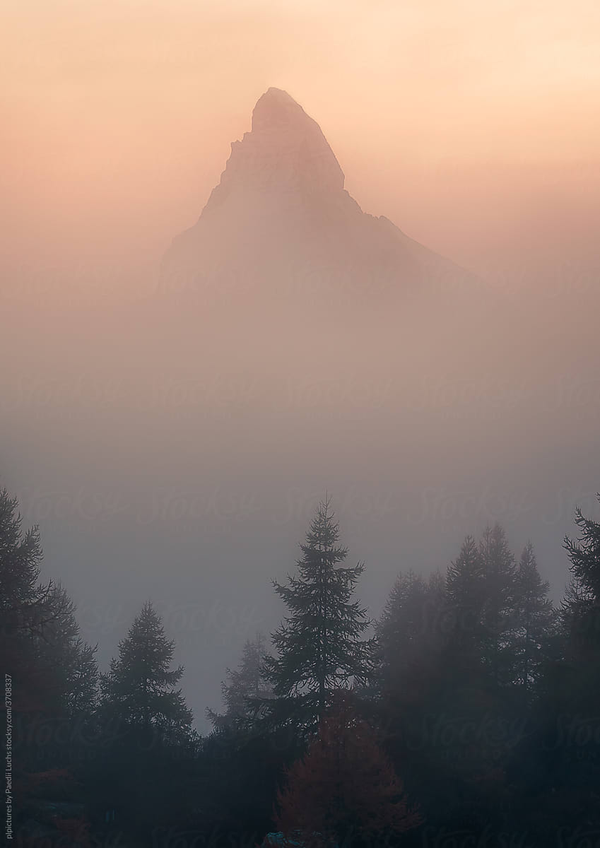 The Matterhorn in Zermatt cloaked in fog.