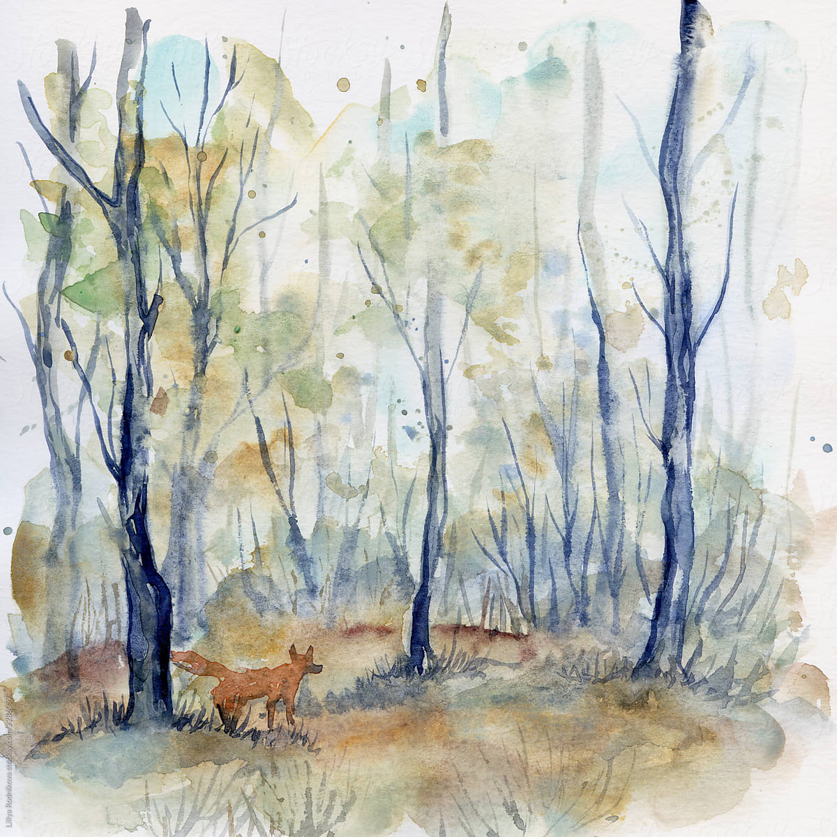 Watercolor forest landscape with fox