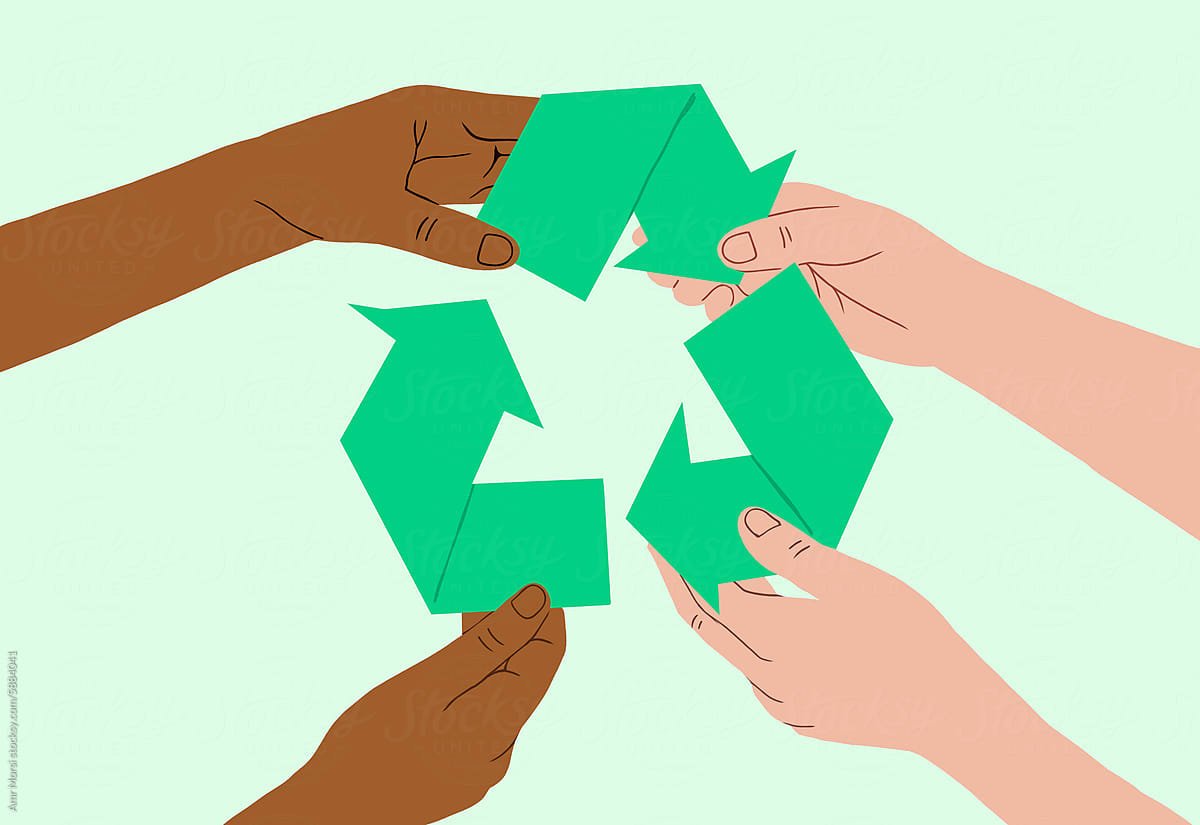 hands from diverse backgrounds join in holding recycling symbol