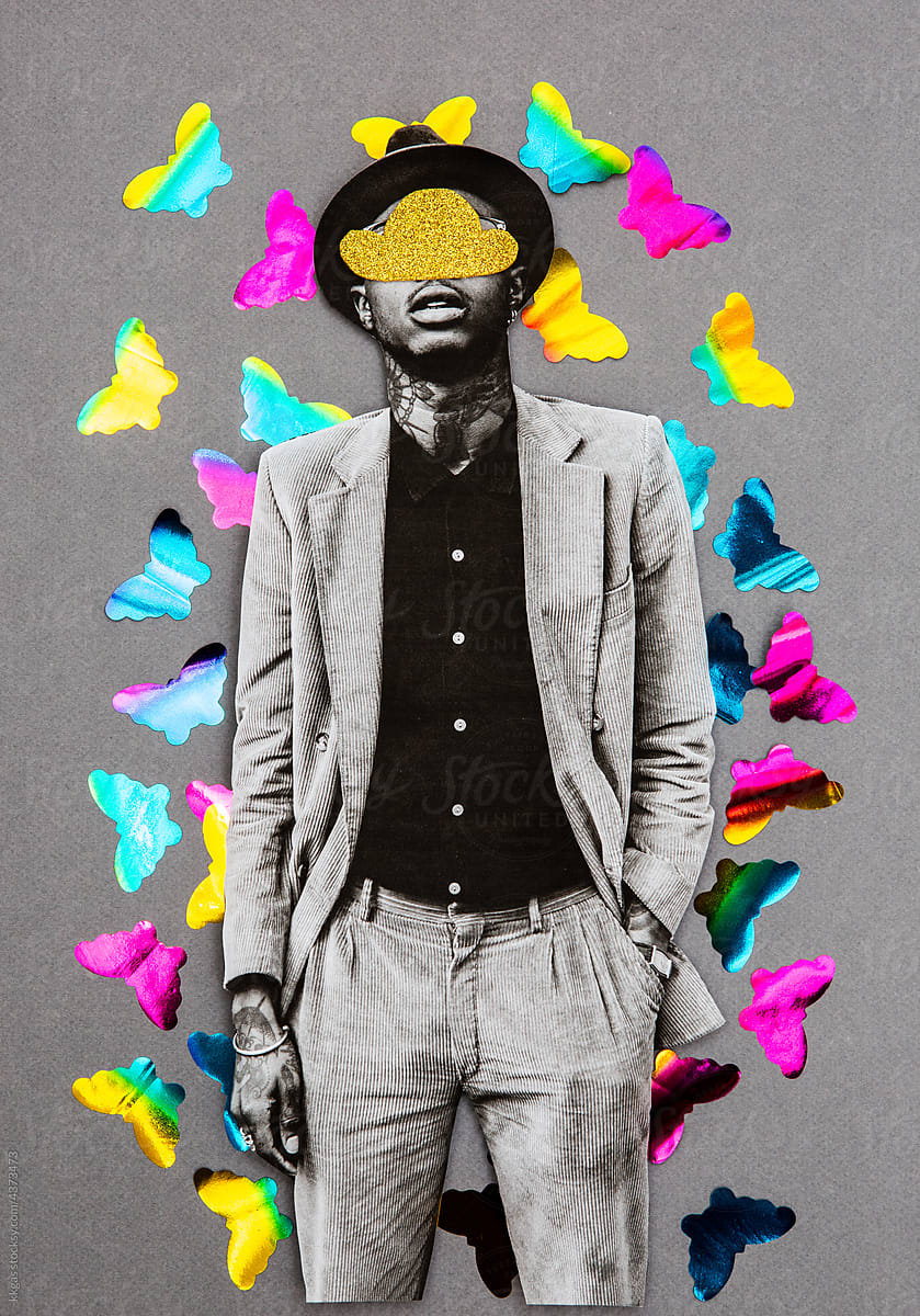 Man with butterfly glitter collage