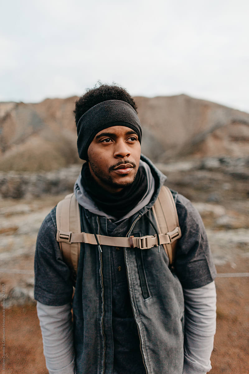 Portrait of a Black / African American male hiker walking the Laugavegur trail.