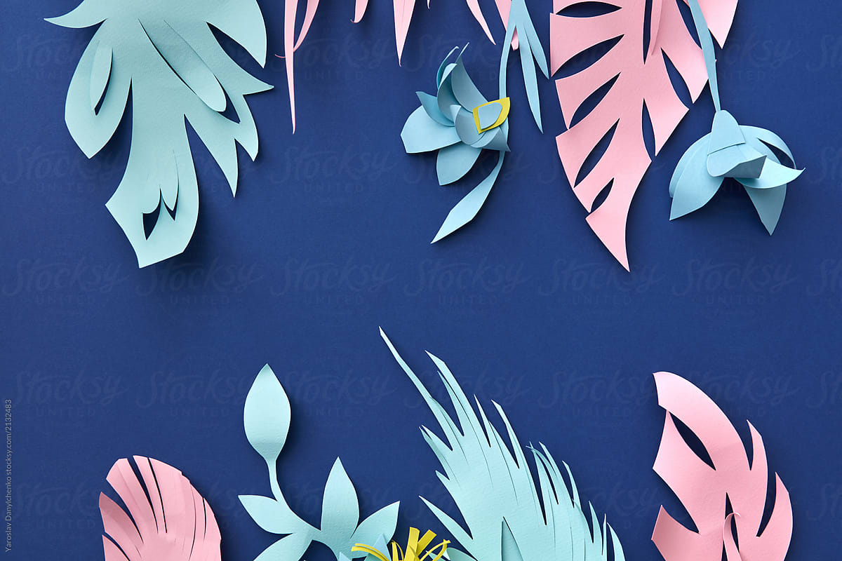 Summer colorful pattern with handmade paper flowers and leaves o