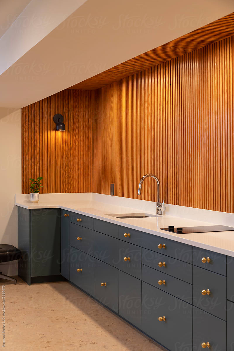 Vertical Wood Paneling and sink  in Modern Home  Kitchen