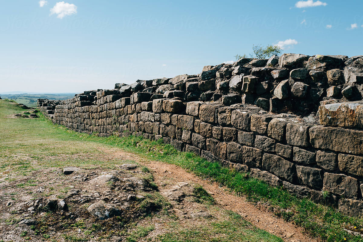 View of Hadrian\'s wall on a beautiful blue sky day