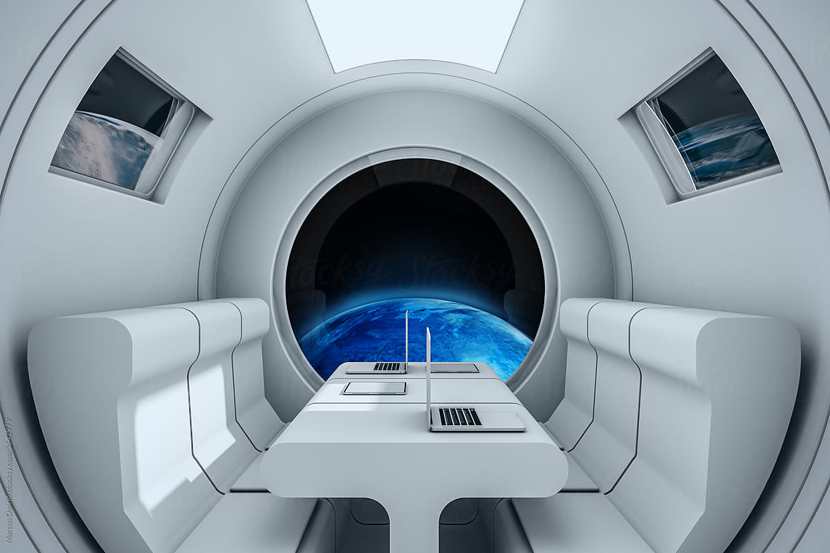 Interior of a spaceship with a view of the Earth