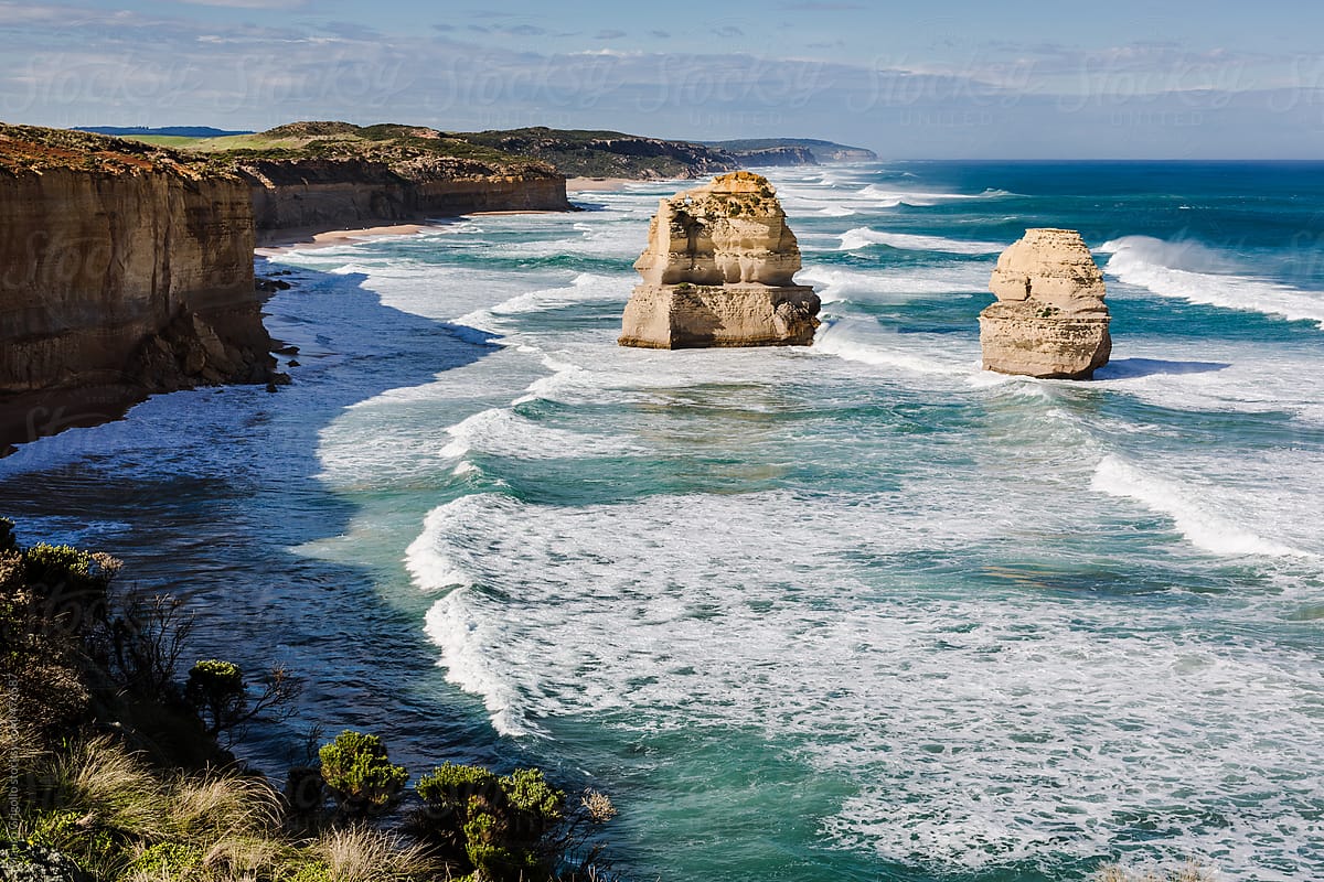 Limestone stacks off the shore are called the Twelve Apostles
