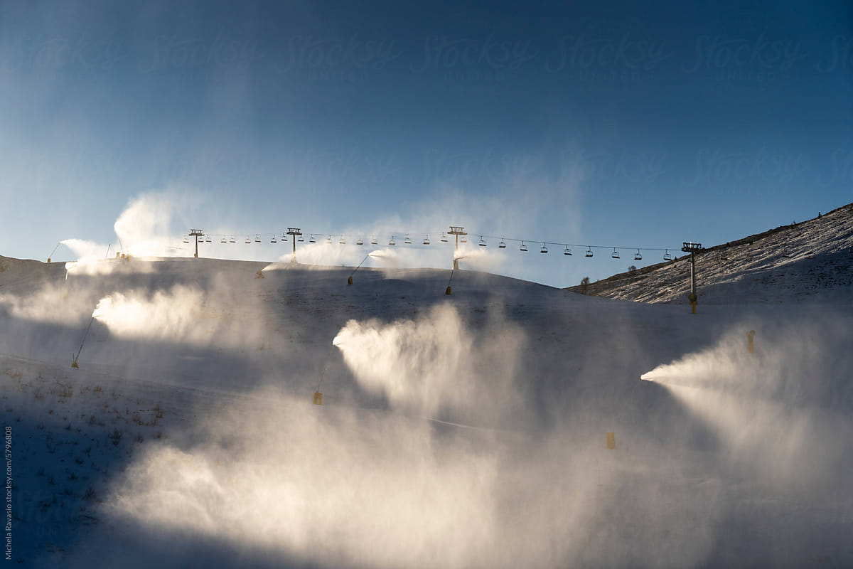 Snow makers and snow cannons that shoot artificial snow