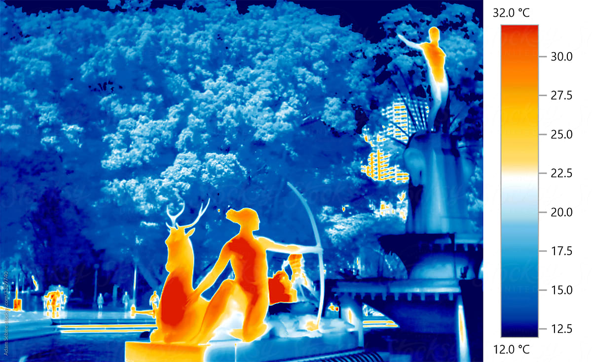 Urban heat islands, thermography of statues, trees and park fountain