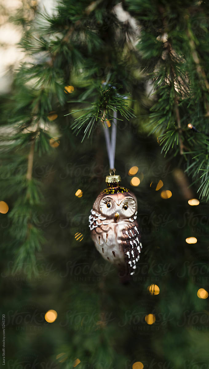 Owl glass decoration hanging from Christmas tree