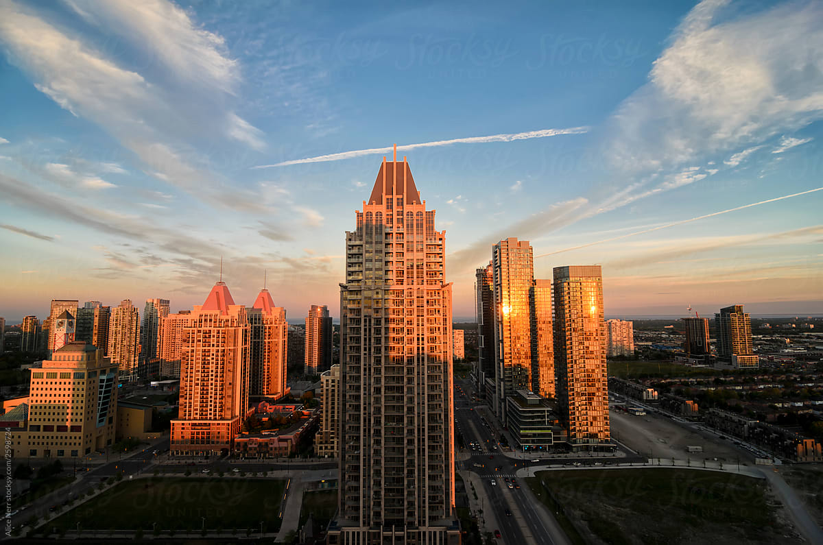 View to the skyscrapers at sunset
