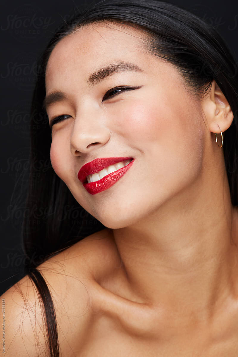 Woman laughing - red lips