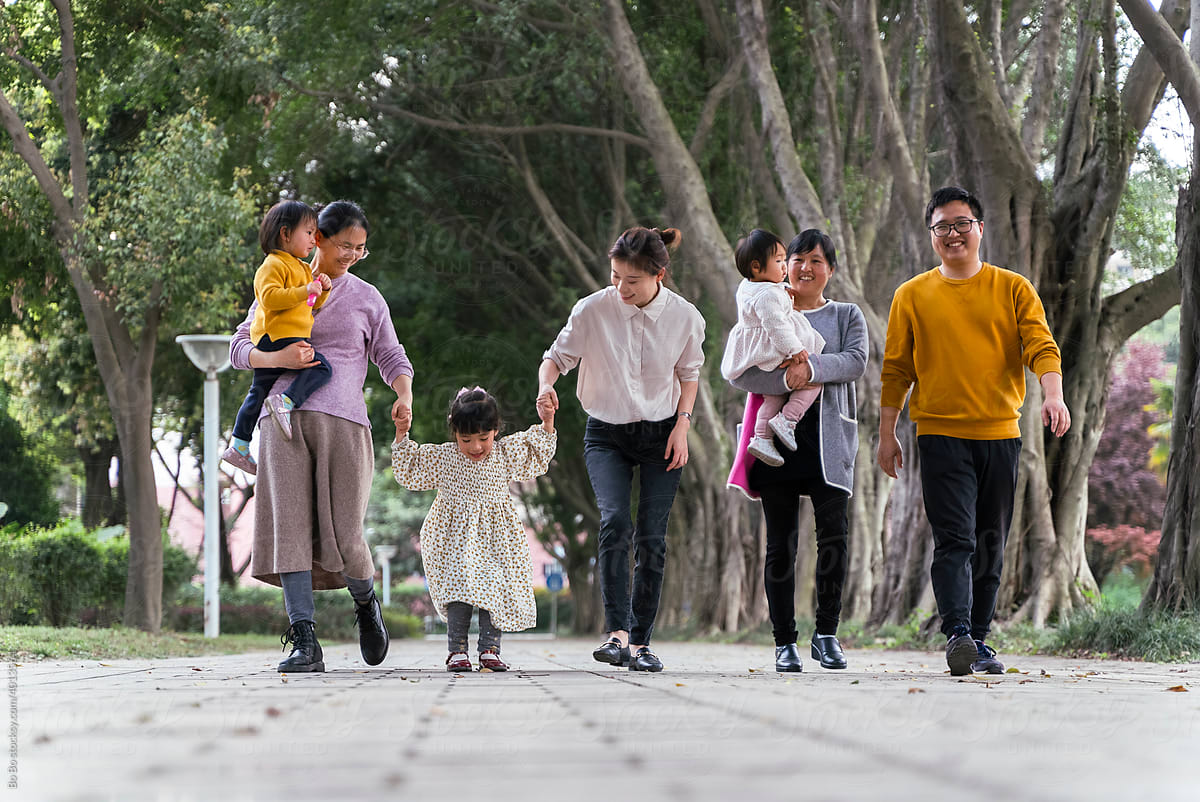happy asian big family walking together