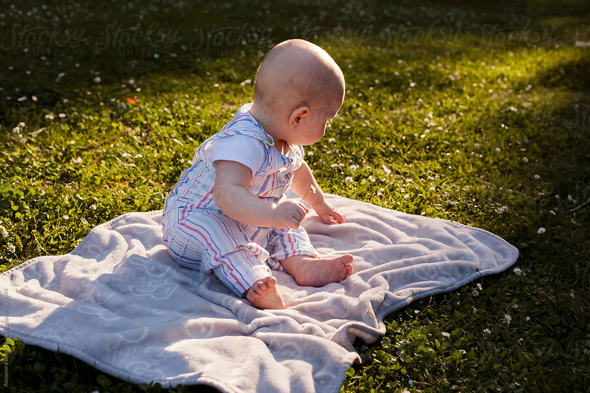 Baby sit and explore on the blanket at the grass