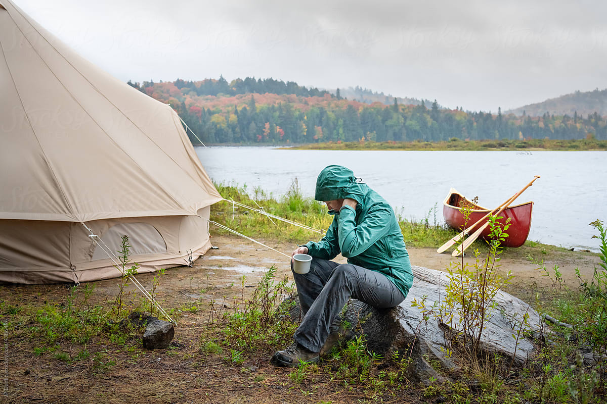 Autumn Campsite Bell Tent Canoe Coffee Rain
