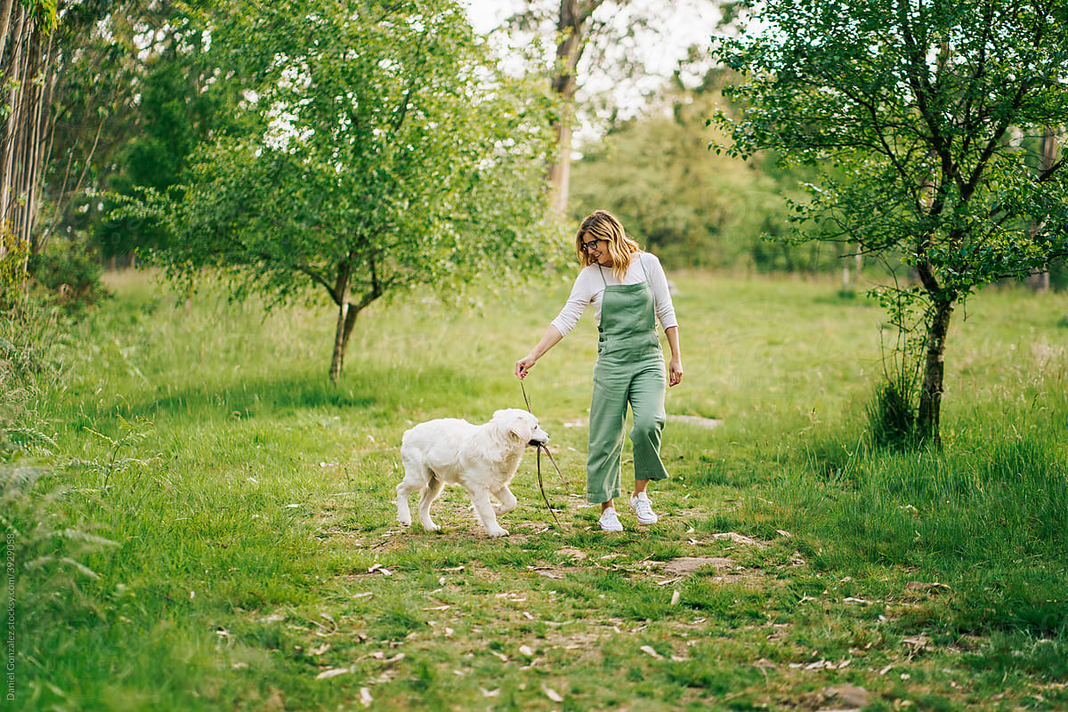 A woman walks her dog through the park