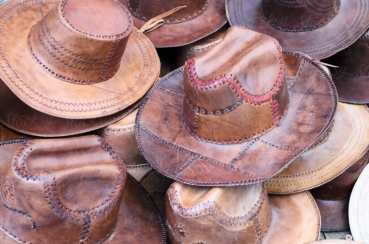 Numerous Mexican handmade cowboy leather hats