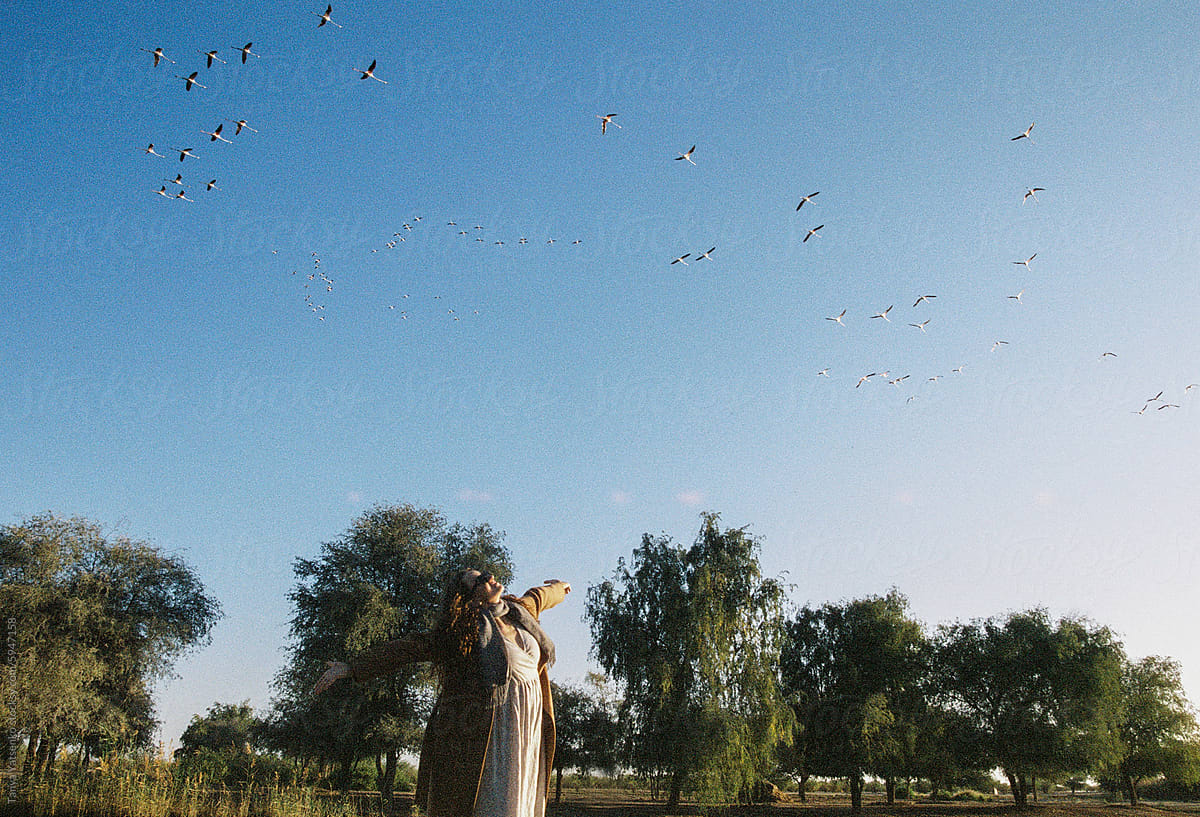 A woman in the nature with flamingos in the sky