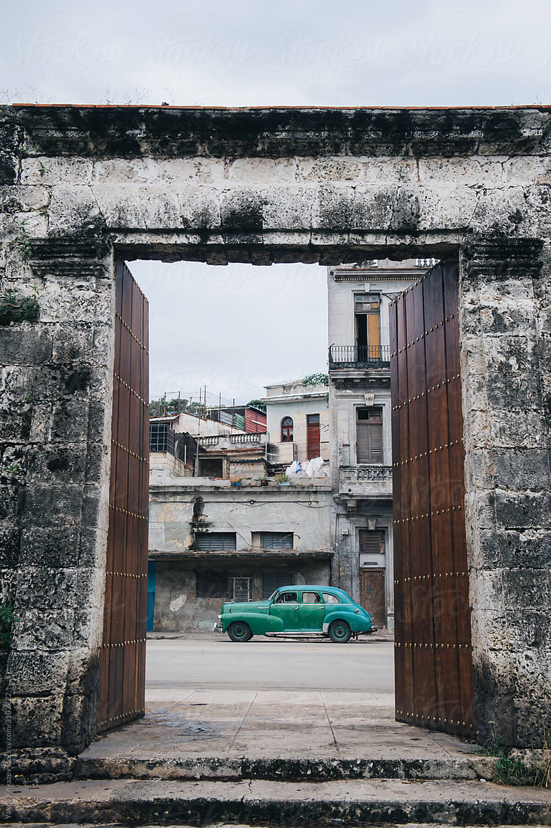 Retro car in the gateway, streets of  Havana, Cuba.