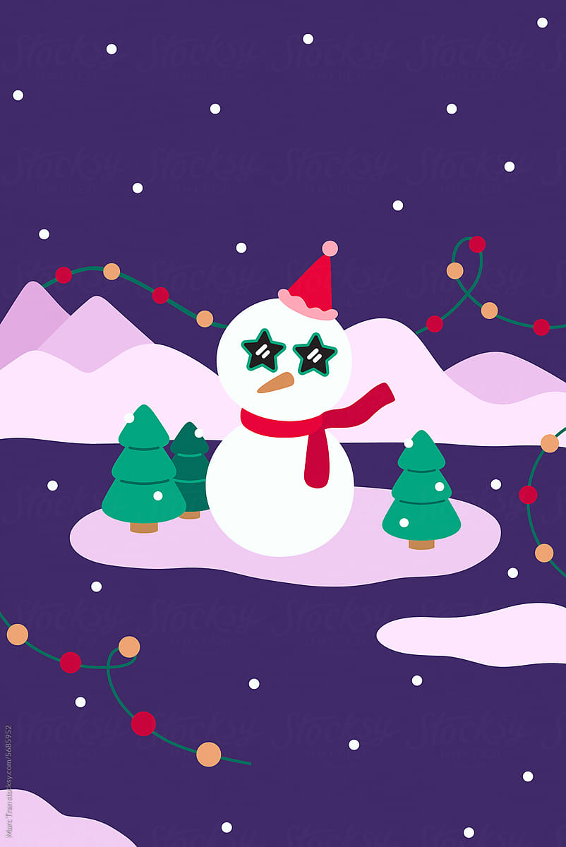 Illustration of decorated Christmas tree with snowman