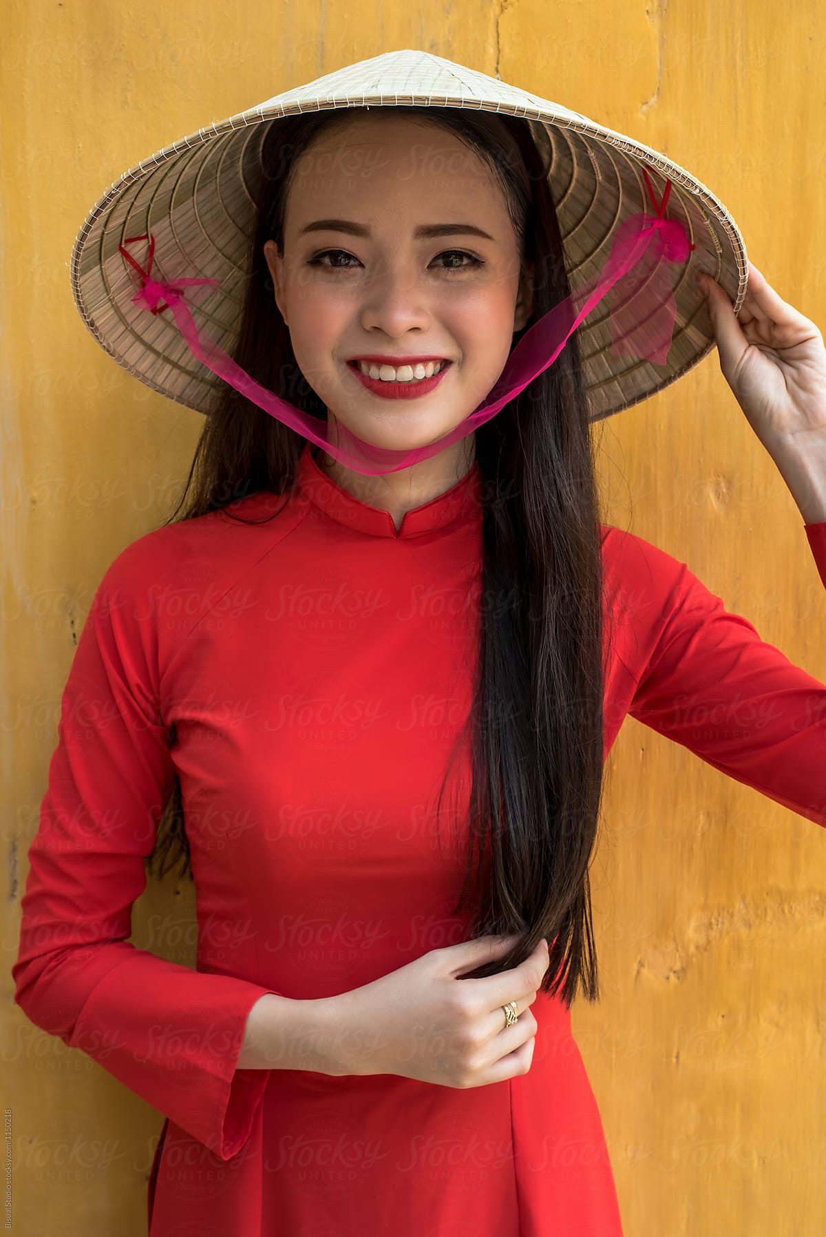 Vietnamese Woman In Ao Dai Traditional Costume And Conical Hat By 0157