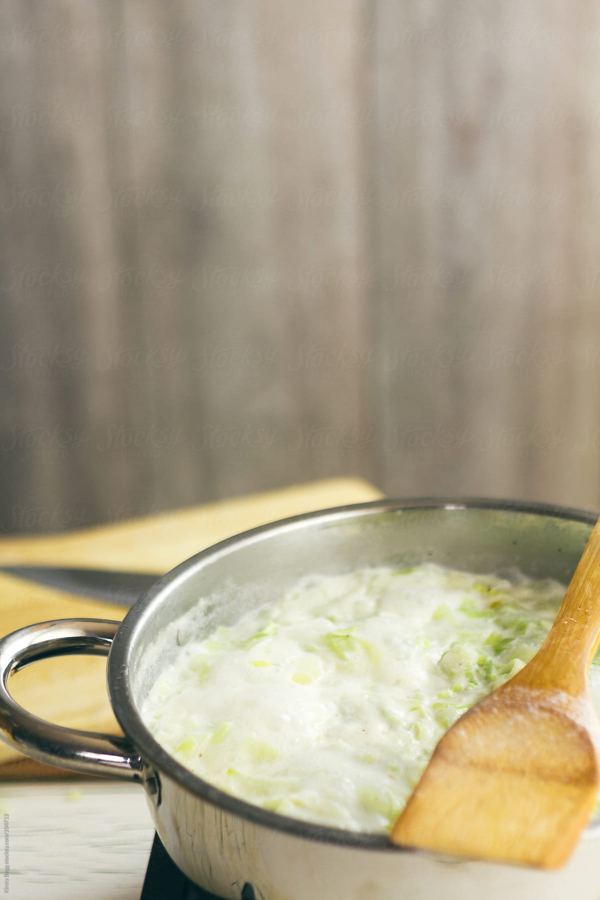 Boiling pan of leek and potato soup