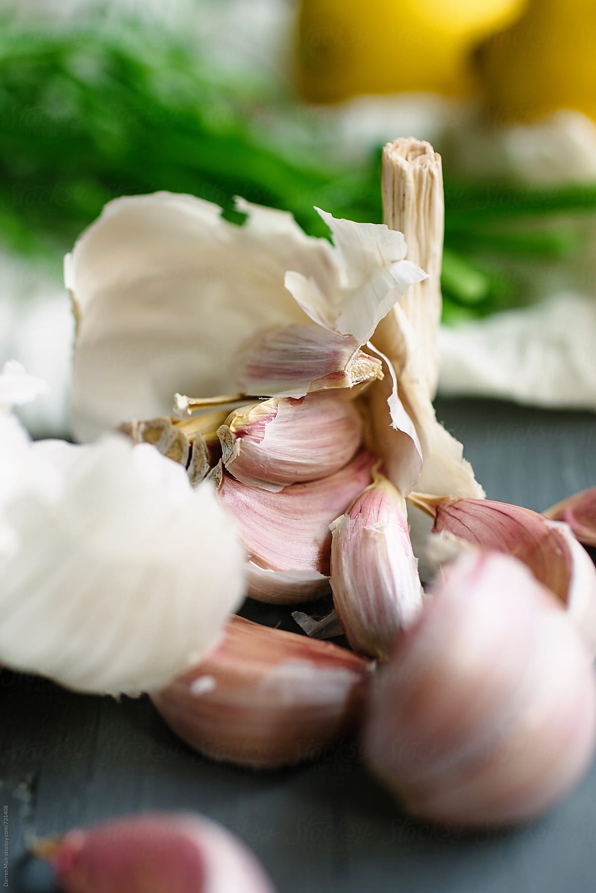 Closeup of bulbs of garlic.