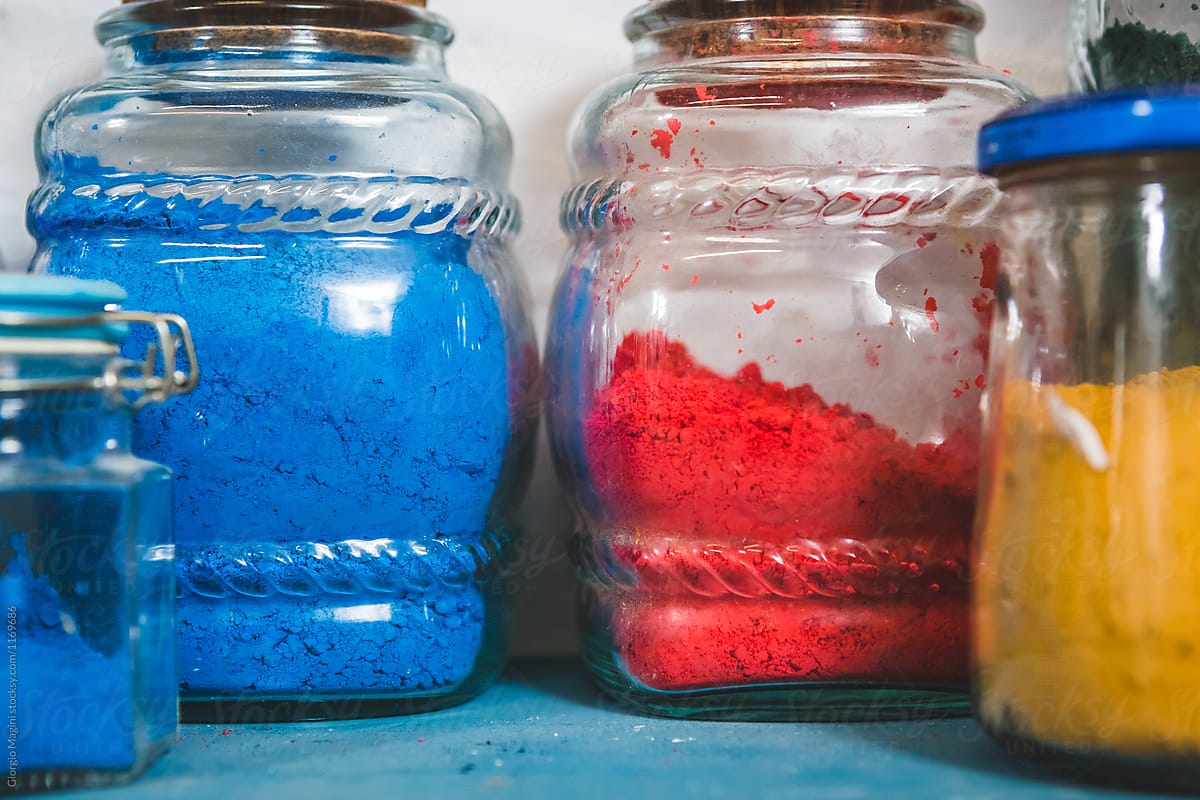 Jars with Different Color Pigments in an Artisan Workshop