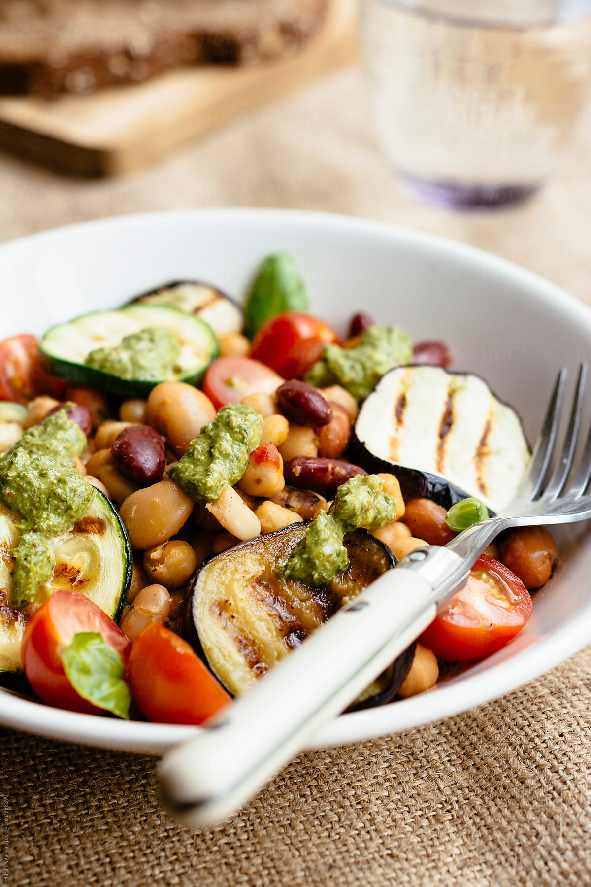 Grilled Vegetables with Mixed Beans and Spinach Walnut Pesto
