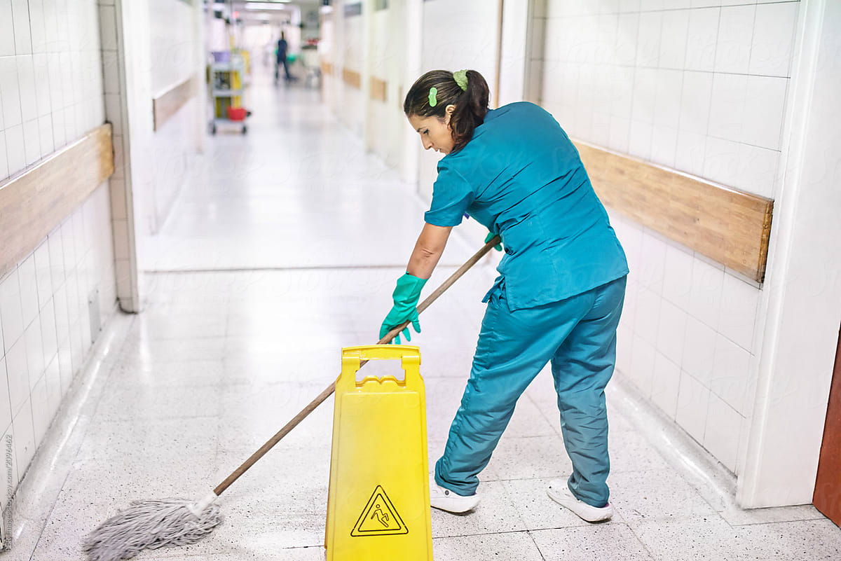 Hospital worker doing cleaning job