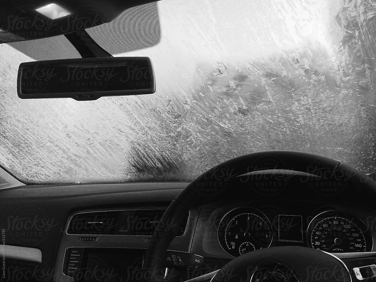 Frozen windscreen from inside a car.